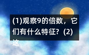 (1)觀察9的倍數(shù)，它們有什么特征?  (2)這些數(shù)的排列有什么特征?與同伴說說你的想法。  (3)如果左表擴(kuò)“充到200，并找出99后面是9的倍數(shù)的數(shù)，它們將在表中的什么位置?做一做，檢驗(yàn)?zāi)愕拇鸢浮?></p>										
													<h3>1、(1)觀察9的倍數(shù)，它們有什么特征?  (2)這些數(shù)的排列有什么特征?與同伴說說你的想法。  (3)如果左表擴(kuò)“充到200，并找出99后面是9的倍數(shù)的數(shù)，它們將在表中的什么位置?做一做，檢驗(yàn)?zāi)愕拇鸢浮?/h3>	 <p>北師大版五年級(jí)上冊(cè)數(shù)學(xué)《3的倍數(shù)的特征》</p><p>(1)觀察9的倍數(shù)，它們有什么特征?</p><p>一個(gè)數(shù)各個(gè)數(shù)位上的數(shù)字的和是9的倍數(shù)，這個(gè)數(shù)就是9的倍數(shù)。</p><p>(2)這些數(shù)的排列有什么特征?與同伴說說你的想法。</p><p>斜對(duì)角</p><p>(3)如果左表擴(kuò)充到200，并找出99后面是9的倍數(shù)的數(shù)，它們將在表中的什么位置?做一做，檢驗(yàn)?zāi)愕拇鸢浮?/p><p>108、117、126 135、144、153、162、171、180、189、198</p>	  <h3>2、北師大一年級(jí)數(shù)學(xué)上冊(cè)《鞏固應(yīng)用》 10.(1)說一說，你發(fā)現(xiàn)了哪些數(shù)學(xué)信息?(2)提出兩個(gè)數(shù)學(xué)問題，并列式解答。</h3>	 <p>北師大一年級(jí)數(shù)學(xué)上冊(cè)《鞏固應(yīng)用》 10.</p><p>(1)說一說，你發(fā)現(xiàn)了哪些數(shù)學(xué)信息?</p><p>有3個(gè)小朋友在蕩秋千，4個(gè)小朋友在玩滑梯，2個(gè)小朋友在玩蹺蹺板。</p><p>(2)提出兩個(gè)數(shù)學(xué)問題，并列式解答。</p><p>①一共有多少個(gè)朋友？</p><p>②一共有9個(gè)小朋友，有5個(gè)男生，女生有多少人？</p>	  <h3>3、（1）和同伴說一說，現(xiàn)在車上的人數(shù)多了還是少了？</h3>	 <p><p>北師大二年級(jí)數(shù)學(xué)上冊(cè)第一單元星星合唱隊(duì)練習(xí)題練一練及答案</p><p>車上原有56人。下來27人。上了19人。</p><p>（1）和同伴說一說，現(xiàn)在車上的人數(shù)多了還是少了？</p><p>答：下來的人比上去的多，所以車上的人數(shù)少了。</p></p>	  <h3>4、（1）一共有多少個(gè)杯子？（2）用了多少個(gè)扣子？</h3>	 <p>北師大二年級(jí)數(shù)學(xué)上冊(cè)第5單元《2-5的乘法口訣》數(shù)松果練一練答案</p><p>1.（1）一共有多少個(gè)杯子？</p><p>3x5=15（個(gè)）</p><p>（2）用了多少個(gè)扣子？</p><p>4x5=20（個(gè)）</p>	  <h3>5、（1）估一估，紅繩的長(zhǎng)度是黃繩的多少倍？與同伴交流你的方法。</h3>	 <p>北師大二年級(jí)數(shù)學(xué)上冊(cè)《花園》練一練習(xí)題及答案</p><p>（1）估一估，紅繩的長(zhǎng)度是黃繩的多少倍？與同伴交流你的方法。</p><p>答：紅繩是黃繩的5倍。</p><p>（2）分別量出紅繩和黃繩的長(zhǎng)度，算一算，自己的估計(jì)準(zhǔn)確嗎？</p>	  <h3>6、2.(1)9個(gè)皮球多少元? (2)9個(gè)網(wǎng)球多少元?</h3>	 <p>北師大二年級(jí)數(shù)學(xué)上冊(cè)《買球》練一練習(xí)題及答案</p><p>2.(1)9個(gè)皮球多少元?</p><p>98=72</p><p>答：9個(gè)皮球72元。</p><p>(2)9個(gè)網(wǎng)球多少元?</p><p>99=81</p><p>答：9個(gè)網(wǎng)球81元。</p><p>(3)30元買4個(gè)網(wǎng)球，夠嗎?</p><p>94=36</p><p>答：夠了</p><p>(4)請(qǐng)你再提出一個(gè)數(shù)學(xué)問題，并嘗試解答。</p>	  <h3>7、4.小兔安家。（1）有4間房子，平均每間住幾只小兔？</h3>	 <p>    <tbody>        <tr>            <td width=