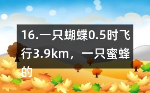 16.一只蝴蝶0.5時(shí)飛行3.9km，一只蜜蜂的飛行速度約是這只蝴蝶的2倍。這只蜜蜂每時(shí)飛行多少千米?