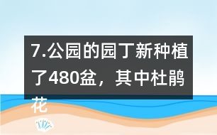 7.公園的園丁新種植了480盆，其中杜鵑花占6分之1，月季花占3分之2。新種植的這兩種花共多少盆。