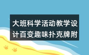 大班科學(xué)活動教學(xué)設(shè)計(jì)百變?nèi)の稉淇伺疲ǜ椒此迹?></p>										
													<h3>1、大班科學(xué)活動教學(xué)設(shè)計(jì)百變?nèi)の稉淇伺疲ǜ椒此迹?/h3><p>　　活動目標(biāo)：</p><p>　　1、能有創(chuàng)意地用拼、搭、插的方法設(shè)計(jì)出各種造型。</p><p>　　2、在操作時體現(xiàn)耐心、合作、細(xì)致精神。</p><p>　　3、能夠用簡單的語言介紹自己的作品。</p><p>　　4、發(fā)展合作探究與用符號記錄實(shí)驗(yàn)結(jié)果的能力。</p><p>　　5、能大膽進(jìn)行實(shí)踐活動，并用完整的語言表達(dá)自己的意見。</p><p>　　重難點(diǎn)：能有創(chuàng)意地用拼、搭、插的方法設(shè)計(jì)出各種造型。</p><p>　　活動準(zhǔn)備：撲克牌每人一副、剪刀等。撲克牌造型圖片。</p><p>　　活動過程：</p><p>　　第一課時：</p><p>　　一、了解撲克牌</p><p>　　1、今天我們帶來了什么?(牌)他們是怎么樣的</p><p>　　2、現(xiàn)在我們要來玩一玩牌，你會怎么玩?</p><p>　　二、嘗試拼搭</p><p>　　1、今天我們要換一種方法玩撲克牌，把撲克牌拼一拼、搭一搭做出許多有趣的造型(比如飛機(jī)、火車等等)，你會嗎?我們一起試一試吧。</p><p>　　2、交流嘗試的體驗(yàn)：我拼了什么?我搭了什么?</p><p>　　第二課時</p><p>　　一、方法啟發(fā)</p><p>　　1、教師展示撲克牌造型的圖片，上次我們一起玩了撲克牌，還拼搭出了許多有趣的圖案，今天老師也帶來了一些圖片，看看它像什么?它是怎么做出來的?</p><p>　　2、教師演示操作的方法。</p><p>　　3、請“高手”幼兒上來表演精彩的撲克拼搭技藝。</p><p>　　二、幼兒創(chuàng)意</p><p>　　1、嘗試?yán)蠋熖崾镜姆椒ɑ蛘哂酶嗟姆椒ㄆ创畛鰮淇伺圃煨汀?/p><p>　　2、交流展</p><p>　　3、小組合作再次操作。</p><p>　　延伸：課后孩子們自由活動的時間讓孩子們自主玩拼搭。</p><p>　　活動反思：</p><p>　　本次活動的題材來自于早期教育美術(shù)版中提到的一個操作創(chuàng)意“百變?nèi)の稉淇伺啤?，它用插接的方法把撲克牌拼接成許多有趣的造型，我覺得比較有趣。于是我便添加上了活動目標(biāo)，賦予活動流程，把該操作活動設(shè)計(jì)成一個藝術(shù)創(chuàng)意活動。之后在與鄧?yán)蠋煹慕涣髦?，她告訴我他們班的孩子有很多都很會玩撲克牌，建議我去了解一下孩子的玩法，后來我發(fā)現(xiàn)孩子們還會用一種折疊的方法拼搭撲克牌，于是我把早期教育上提到的插接法和小朋友的折疊法都吸收到該活動中，力求通過更多方法的啟發(fā)讓班內(nèi)的孩子們玩出更多的創(chuàng)意。于是我把活動第一目標(biāo)定位能有創(chuàng)意地用拼、搭、插的方法設(shè)計(jì)出各種造型。在備課過程中，我發(fā)現(xiàn)一個作品的完成離不開耐心細(xì)致，一步一步的努力，這個活動不僅要鍛煉孩子的創(chuàng)意更需要提升這種創(chuàng)意背后的精神即耐心、合作、細(xì)致、踏實(shí)……于是我把在操作時體現(xiàn)耐心、合作、細(xì)致精神作為第二目標(biāo)。接下來是我對本次執(zhí)教之后的一點(diǎn)反思：</p><p>　　1、活動內(nèi)容過于滿、多，把本次活動定位兩課時較為合適。本次活動的重點(diǎn)是在后面兩個環(huán)節(jié)，第一、二部分如果作為課前準(zhǔn)備，或者干脆作為第一課時去完成，這樣后面兩個環(huán)節(jié)能更有效的去達(dá)到活動制定的目標(biāo)。</p><p>　　2、在細(xì)節(jié)處理上還必須花功夫。比如我在示范的時候，我發(fā)現(xiàn)讓孩子看著我做完一個作品比較費(fèi)時，畢竟一個活動更多的實(shí)踐留給孩子才是最重要的，所以聽課老師建議我在教育準(zhǔn)備的時候做完一個成品，這樣可以示范完基本步驟后，直接出示成品，既清楚又明了。</p><p>　　3、用不同的方式拼搭出不同的撲克牌造型，玩的就是一種創(chuàng)意的精神，每次在教導(dǎo)孩子的時候，我自己也在不斷地自我學(xué)習(xí)、向孩子學(xué)習(xí)。我們說創(chuàng)意學(xué)不來，但是創(chuàng)意的精神是可以學(xué)習(xí)的，創(chuàng)意的能力是可以練習(xí)的，比如撲克牌這個東西，我相信還可以執(zhí)教一堂數(shù)學(xué)活動，比如10以內(nèi)加減、組成等，還可以設(shè)計(jì)成一個藝術(shù)活動，比如欣賞各式各樣的撲克牌造型，設(shè)計(jì)撲克牌造型等，甚至是音樂活動用撲克牌打節(jié)奏……換一種方法，換一個角度，創(chuàng)意之花無處不在。</p><h3>2、大班教案《百變?nèi)の稉淇伺啤泛此?/h3><p><strong>活動目標(biāo)：</strong></p><p>　　1、能有創(chuàng)意地用拼、搭、插的方法設(shè)計(jì)出各種造型。</p><p>　　2、在操作時體現(xiàn)耐心、合作、細(xì)致精神。</p><p>　　3、能夠用簡單的語言介紹自己的作品。</p><p>　　4、發(fā)展幼兒的觀察力、想象力。</p><p>　　5、能大膽進(jìn)行實(shí)踐活動，并用完整的語言表達(dá)自己的意見。</p><p><strong>重難點(diǎn)：</strong></p><p>　　能有創(chuàng)意地用拼、搭、插的方法設(shè)計(jì)出各種造型。</p><p><strong>活動準(zhǔn)備：</strong></p><p>　　撲克牌每人一副、剪刀等。撲克牌造型圖片。</p><p><strong>活動過程：</strong></p><p>　　第一課時：</p><p>　　一、了解撲克牌</p><p>　　1、今天我們帶來了什么?(牌)他們是怎么樣的</p><p>　　2、現(xiàn)在我們要來玩一玩牌，你會怎么玩?</p><p>　　二、嘗試拼搭</p><p>　　1、今天我們要換一種方法玩撲克牌，把撲克牌拼一拼、搭一搭做出許多有趣的造型(比如飛機(jī)、火車等等)，你會嗎?我們一起試一試吧。</p><p>　　2、交流嘗試的體驗(yàn)：我拼了什么?我搭了什么?</p><p>　　第二課時</p><p>　　一、方法啟發(fā)</p><p>　　1、教師展示撲克牌造型的圖片，上次我們一起玩了撲克牌，還拼搭出了許多有趣的圖案，今天老師也帶來了一些圖片，看看它像什么?它是怎么做出來的?</p><p>　　2、教師演示操作的方法。</p><p>　　3、請“高手”幼兒上來表演精彩的撲克拼搭技藝。</p><p>　　二、幼兒創(chuàng)意</p><p>　　1、嘗試?yán)蠋熖崾镜姆椒ɑ蛘哂酶嗟姆椒ㄆ创畛鰮淇伺圃煨汀?/p><p>　　2、交流展</p><p>　　3、小組合作再次操作。</p><p>　　延伸：課后孩子們自由活動的時間讓孩子們自主玩拼搭。</p><p><strong>活動反思：</strong></p><p>　　本次活動的題材來自于早期教育美術(shù)版中提到的一個操作創(chuàng)意“百變?nèi)の稉淇伺啤?，它用插接的方法把撲克牌拼接成許多有趣的造型，我覺得比較有趣。于是我便添加上了活動目標(biāo)，賦予活動流程，把該操作活動設(shè)計(jì)成一個藝術(shù)創(chuàng)意活動。之后在與鄧?yán)蠋煹慕涣髦?，她告訴我他們班的孩子有很多都很會玩撲克牌，建議我去了解一下孩子的玩法，后來我發(fā)現(xiàn)孩子們還會用一種折疊的方法拼搭撲克牌，于是我把早期教育上提到的插接法和小朋友的折疊法都吸收到該活動中，力求通過更多方法的啟發(fā)讓班內(nèi)的孩子們玩出更多的創(chuàng)意。于是我把活動第一目標(biāo)定位能有創(chuàng)意地用拼、搭、插的方法設(shè)計(jì)出各種造型。在備課過程中，我發(fā)現(xiàn)一個作品的完成離不開耐心細(xì)致，一步一步的努力，這個活動不僅要鍛煉孩子的創(chuàng)意更需要提升這種創(chuàng)意背后的精神即耐心、合作、細(xì)致、踏實(shí)……于是我把在操作時體現(xiàn)耐心、合作、細(xì)致精神作為第二目標(biāo)。接下來是我對本次執(zhí)教之后的一點(diǎn)反思：</p><p>　　1、活動內(nèi)容過于滿、多，把本次活動定位兩課時較為合適。本次活動的重點(diǎn)是在后面兩個環(huán)節(jié)，第一、二部分如果作為課前準(zhǔn)備，或者干脆作為第一課時去完成，這樣后面兩個環(huán)節(jié)能更有效的去達(dá)到活動制定的目標(biāo)。</p><p>　　2、在細(xì)節(jié)處理上還必須花功夫。比如我在示范的時候，我發(fā)現(xiàn)讓孩子看著我做完一個作品比較費(fèi)時，畢竟一個活動更多的實(shí)踐留給孩子才是最重要的，所以聽課老師建議我在教育準(zhǔn)備的時候做完一個成品，這樣可以示范完基本步驟后，直接出示成品，既清楚又明了。</p><p>　　3、用不同的方式拼搭出不同的撲克牌造型，玩的就是一種創(chuàng)意的精神，每次在教導(dǎo)孩子的時候，我自己也在不斷地自我學(xué)習(xí)、向孩子學(xué)習(xí)。我們說創(chuàng)意學(xué)不來，但是創(chuàng)意的精神是可以學(xué)習(xí)的，創(chuàng)意的能力是可以練習(xí)的，比如撲克牌這個東西，我相信還可以執(zhí)教一堂數(shù)學(xué)活動，比如10以內(nèi)加減、組成等，還可以設(shè)計(jì)成一個藝術(shù)活動，比如欣賞各式各樣的撲克牌造型，設(shè)計(jì)撲克牌造型等，甚至是音樂活動用撲克牌打節(jié)奏……換一種方法，換一個角度，創(chuàng)意之花無處不在。</p><h3>3、大班游戲玩法(9個)含反思</h3><p><strong>幼兒園大班游戲教案：</strong></p><p>　　天鵝</p><p><strong>游戲名稱：投彩球（大班）</strong></p><p>　　目的：復(fù)習(xí)反義詞，豐富幼兒詞匯，發(fā)展幼兒的反應(yīng)能力。</p><p>　　準(zhǔn)備;彩球1個玩法：拋球者說出一詞，如：大(黑、美麗、光滑)接球者必須說出對應(yīng)的反義詞，如小(白、丑陋、粗糙)。游戲反復(fù)進(jìn)行。</p><p><strong>游戲名稱：悄悄話（大班）</strong></p><p>　　目的：激發(fā)幼兒積極參與活動的興趣。</p><p>　　玩法：按幼兒座次將其分成四組，教師悄悄地告訴每組排頭幼兒一句話，然后自排頭開始往下傳話，傳到最后一名幼兒時，最后一名幼兒站起大聲說出聽到的話，以傳得又對又快的組為勝。</p><p><strong>游戲名稱：猜謎（大班）</strong></p><p>　　目的：培養(yǎng)幼兒的思維能力、口語表達(dá)能力。</p><p>　　玩法：教師說謎面請幼兒說出謎底。也可請一名幼兒說謎面，教師與其他幼兒進(jìn)行猜謎。</p><p><strong>游戲名稱：超級模仿秀（大班）</strong></p><p>　　目的：培養(yǎng)幼兒模仿能力。</p><p>　　玩法：請3-5名幼兒到前面，側(cè)向全體幼兒，站成一排，面向第二名幼兒編一動作(如起床穿衣、照鏡子、梳頭等)然后第二名幼兒再向第三名幼兒模仿第一名幼兒所做的動作，依次模仿，最后一名幼兒模仿完動作后，說出做的是什么動作。</p><p><strong>游戲名稱：一槍打四個（大班）</strong></p><p>　　目的：練習(xí)手部動作的靈活性，培養(yǎng)幼兒的快速反應(yīng)能力。</p><p>　　玩法：教師說：